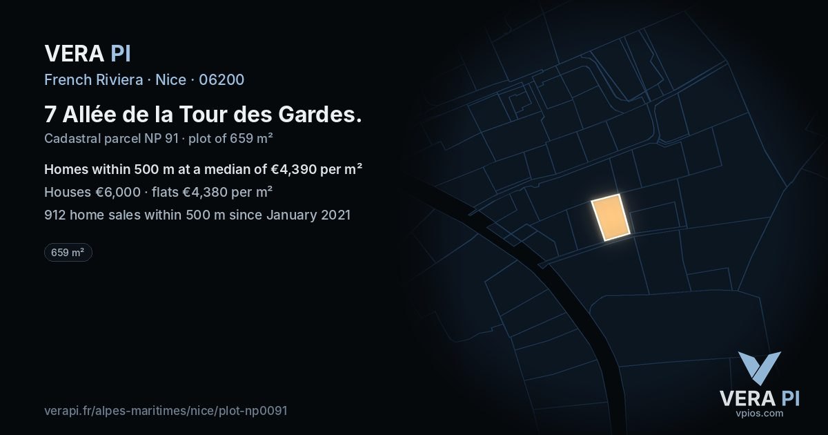 7 Allée de la Tour des Gardes, Nice at night – the plot lit, the parcels around coloured by the prices near them