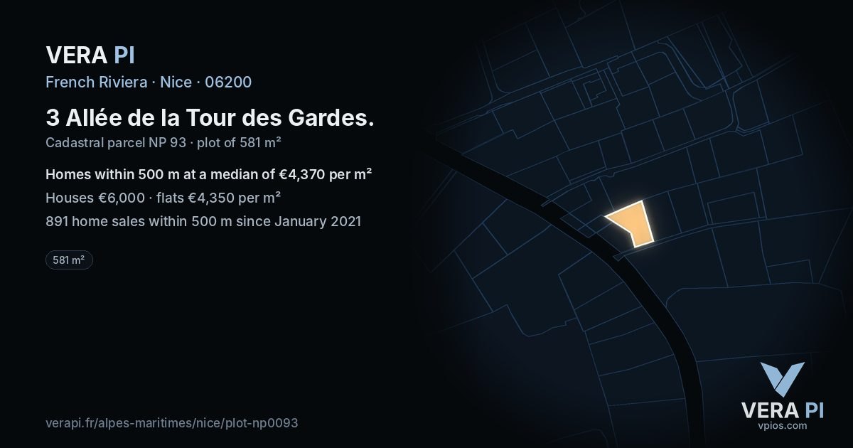 3 Allée de la Tour des Gardes, Nice at night – the plot lit, the parcels around coloured by the prices near them