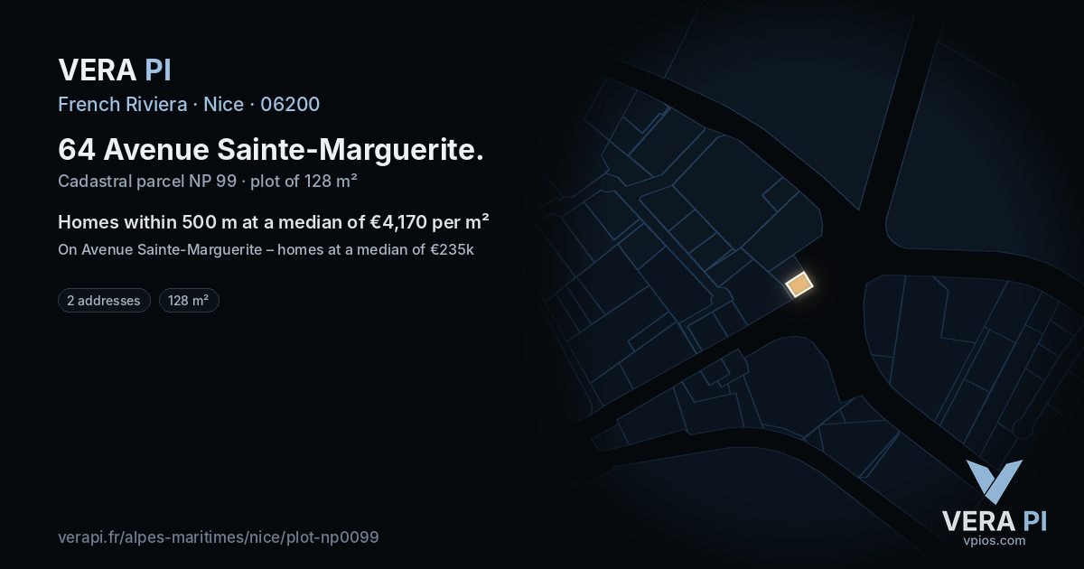 64 Avenue Sainte-Marguerite, Nice at night – the plot lit, the parcels around coloured by the prices near them