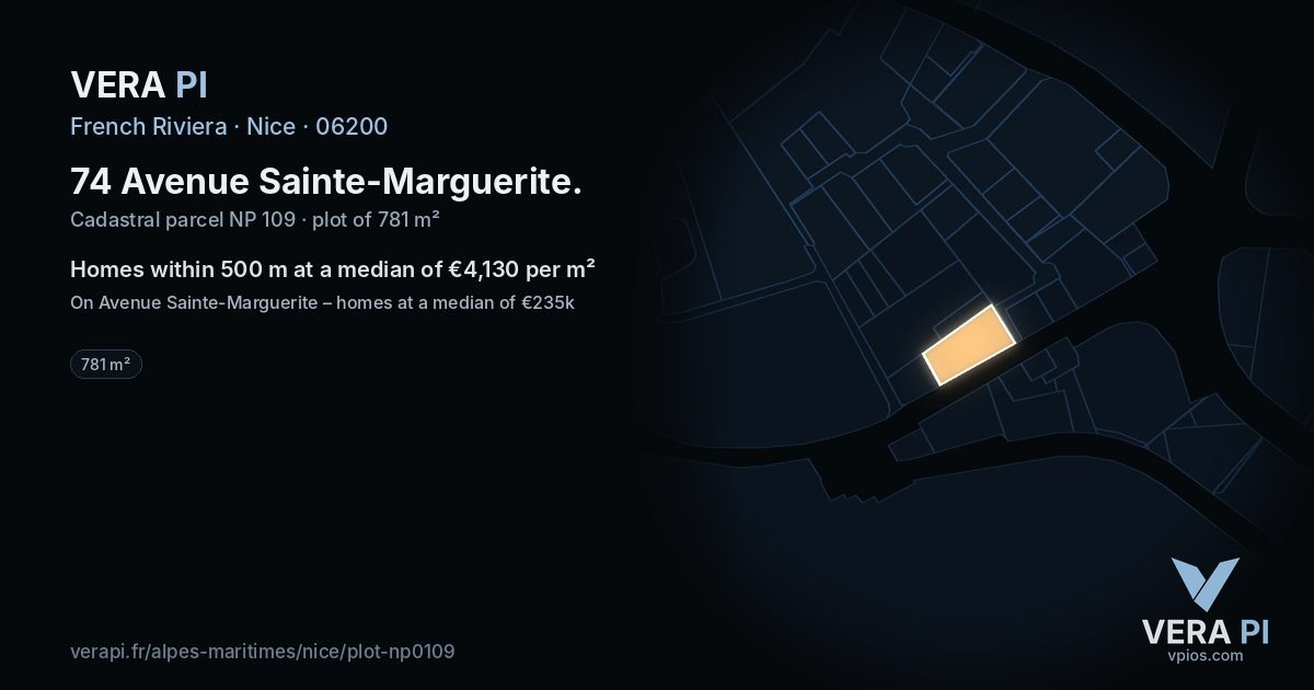 74 Avenue Sainte-Marguerite, Nice at night – the plot lit, the parcels around coloured by the prices near them
