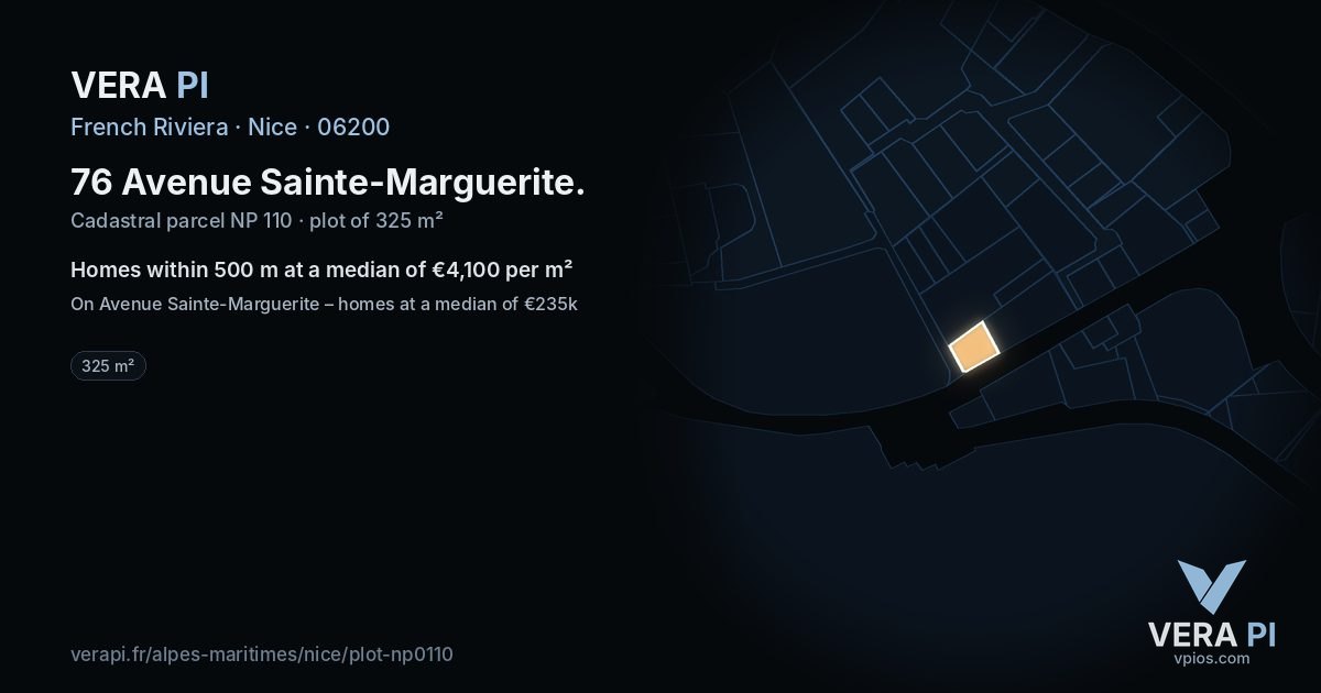 76 Avenue Sainte-Marguerite, Nice at night – the plot lit, the parcels around coloured by the prices near them