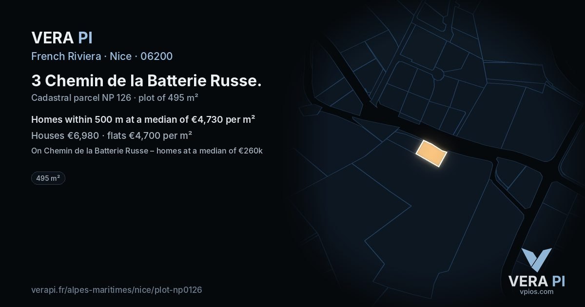 3 Chemin de la Batterie Russe, Nice at night – the plot lit, the parcels around coloured by the prices near them