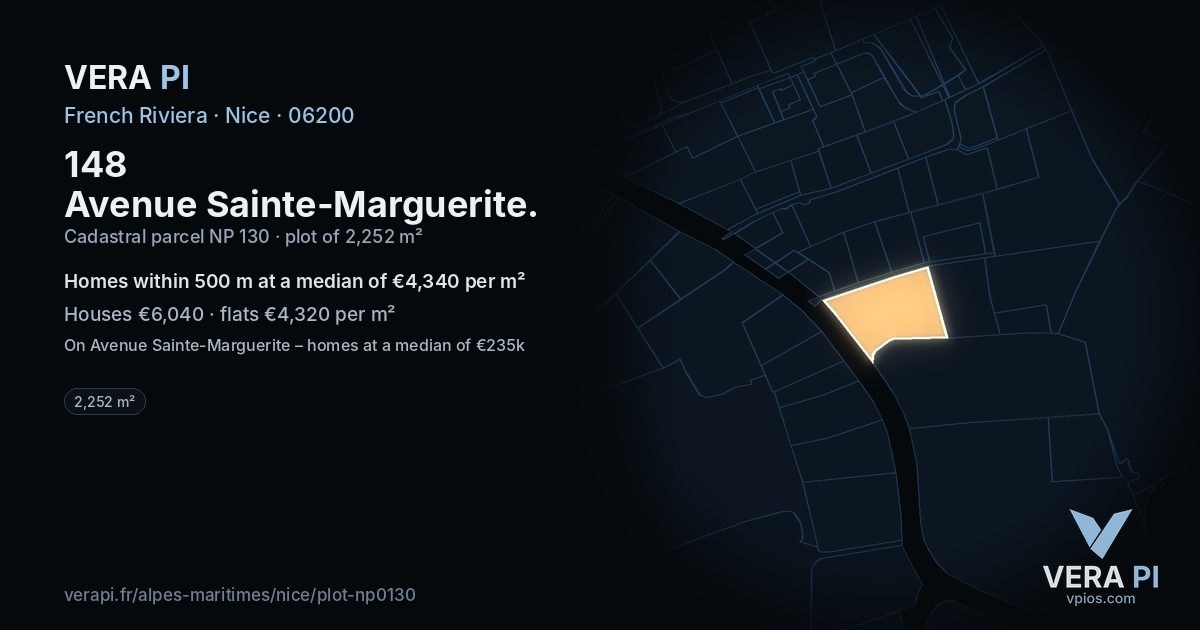 148 Avenue Sainte-Marguerite, Nice at night – the plot lit, the parcels around coloured by the prices near them