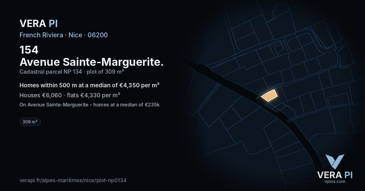 154 Avenue Sainte-Marguerite, Nice at night – the plot lit, the parcels around coloured by the prices near them
