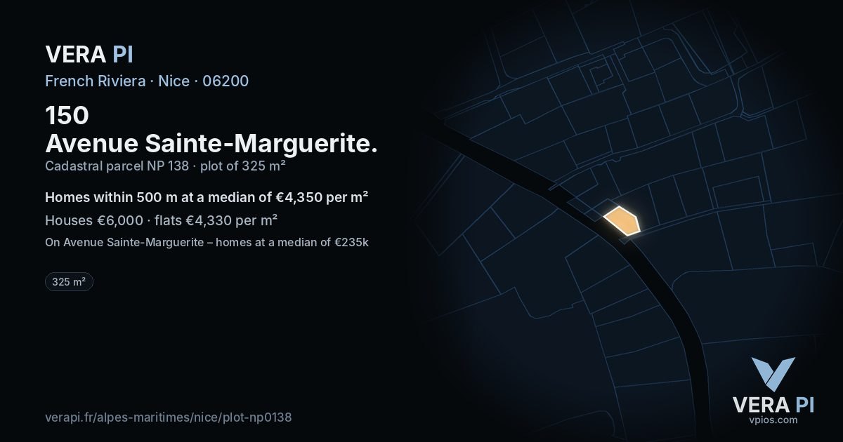 150 Avenue Sainte-Marguerite, Nice at night – the plot lit, the parcels around coloured by the prices near them