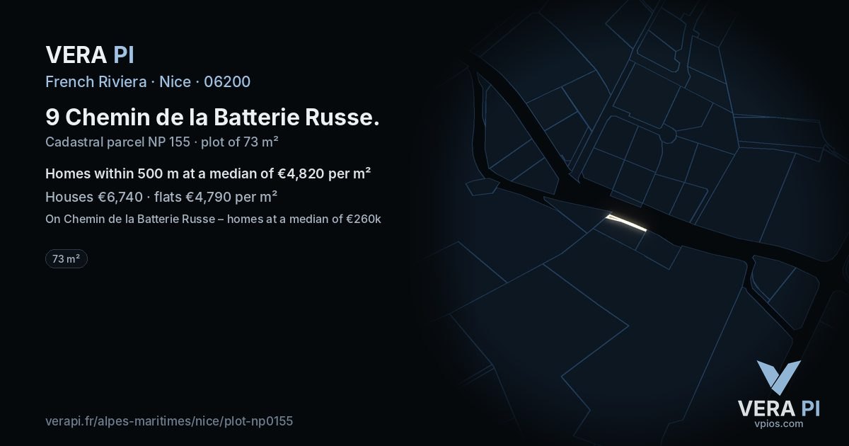 9 Chemin de la Batterie Russe, Nice at night – the plot lit, the parcels around coloured by the prices near them