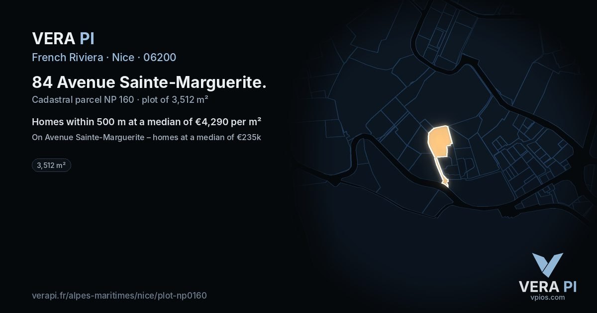 84 Avenue Sainte-Marguerite, Nice at night – the plot lit, the parcels around coloured by the prices near them