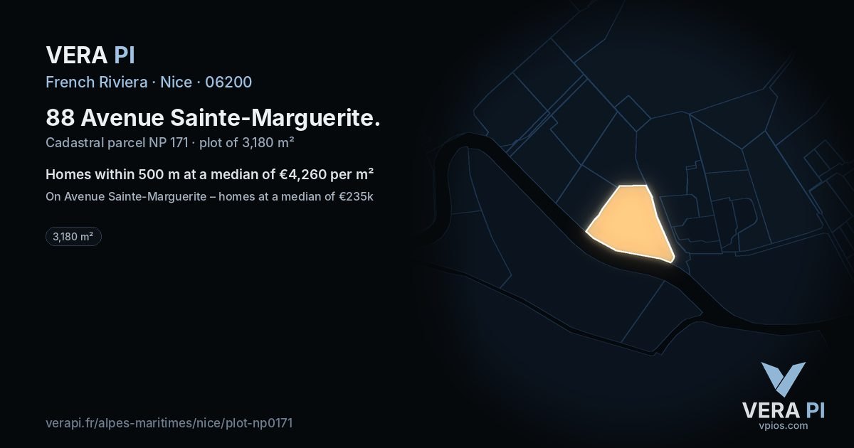 88 Avenue Sainte-Marguerite, Nice at night – the plot lit, the parcels around coloured by the prices near them