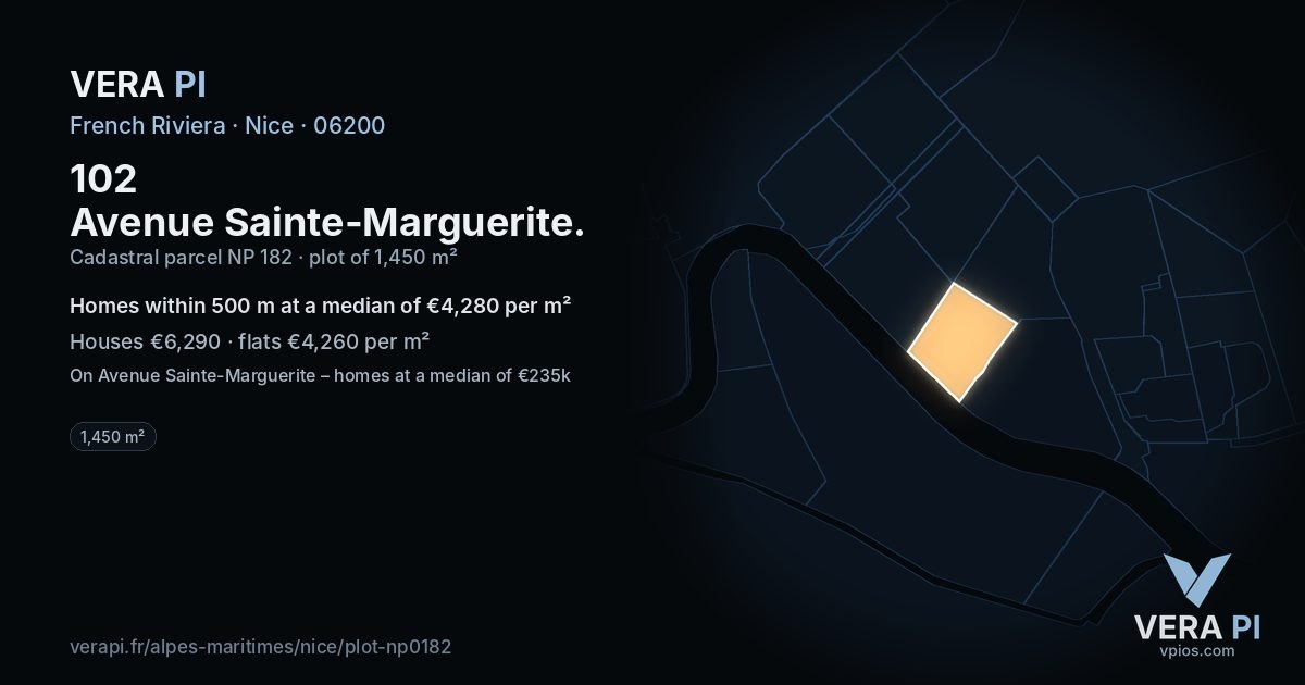 102 Avenue Sainte-Marguerite, Nice at night – the plot lit, the parcels around coloured by the prices near them