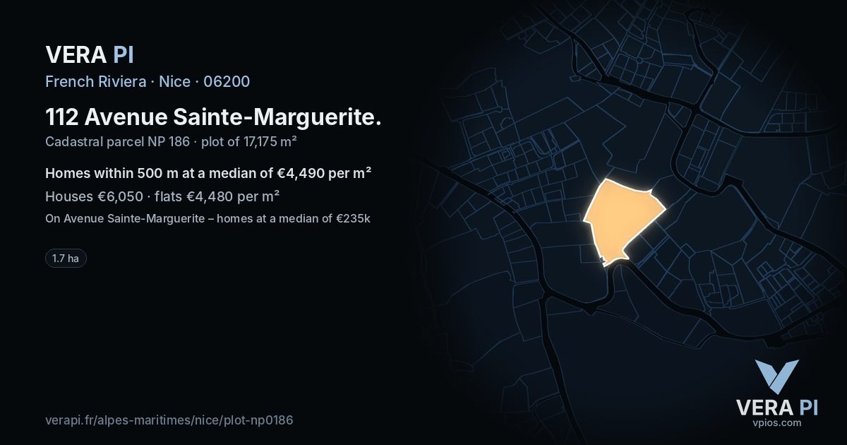 112 Avenue Sainte-Marguerite, Nice at night – the plot lit, the parcels around coloured by the prices near them