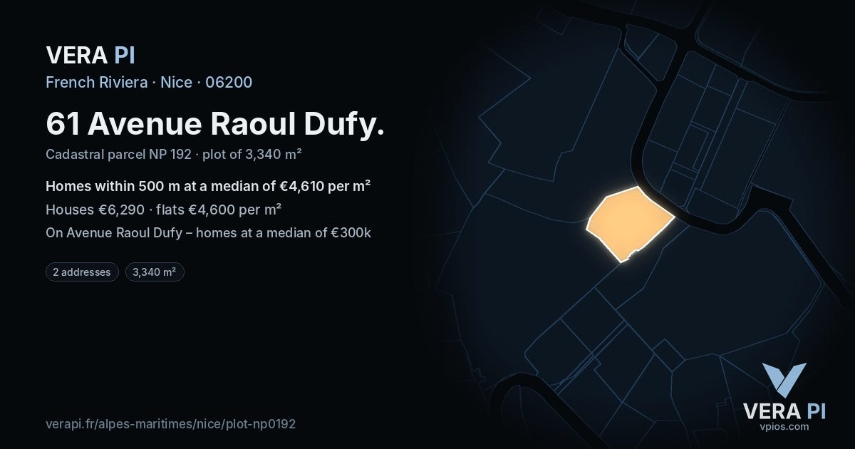 61 Avenue Raoul Dufy, Nice at night – the plot lit, the parcels around coloured by the prices near them