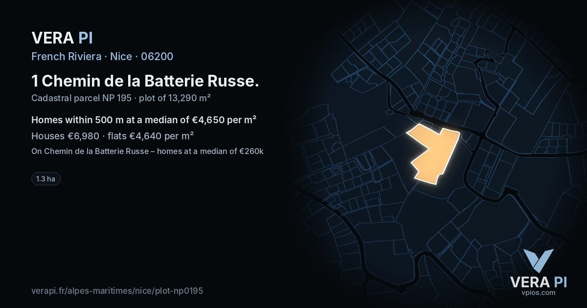 1 Chemin de la Batterie Russe, Nice at night – the plot lit, the parcels around coloured by the prices near them