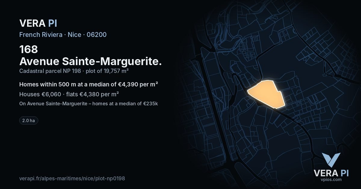 168 Avenue Sainte-Marguerite, Nice at night – the plot lit, the parcels around coloured by the prices near them