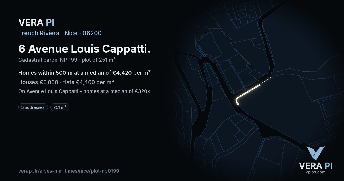 6 Avenue Louis Cappatti, Nice at night – the plot lit, the parcels around coloured by the prices near them