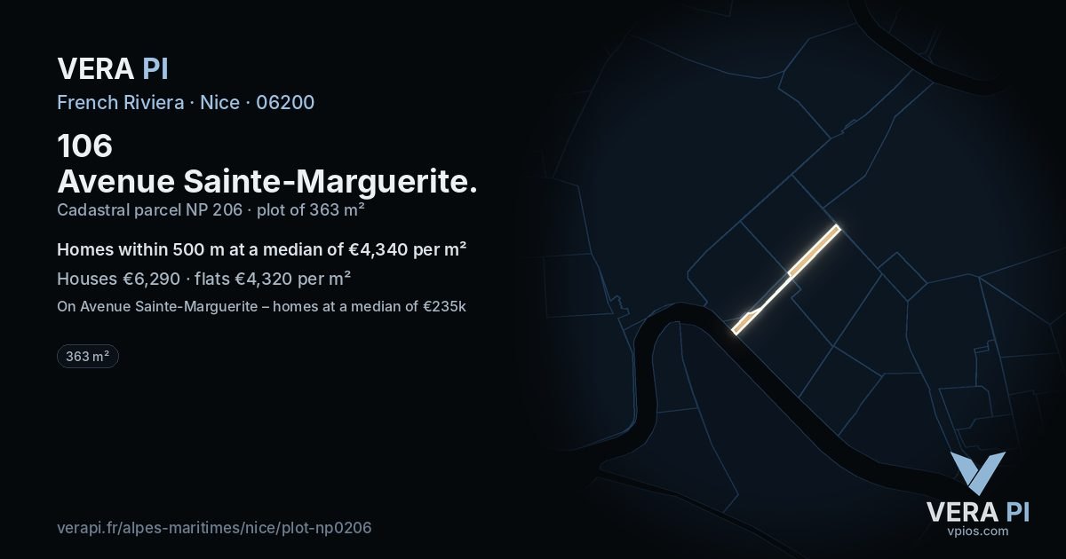 106 Avenue Sainte-Marguerite, Nice at night – the plot lit, the parcels around coloured by the prices near them