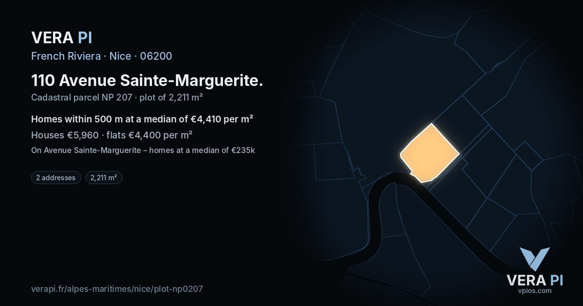 110 Avenue Sainte-Marguerite, Nice at night – the plot lit, the parcels around coloured by the prices near them