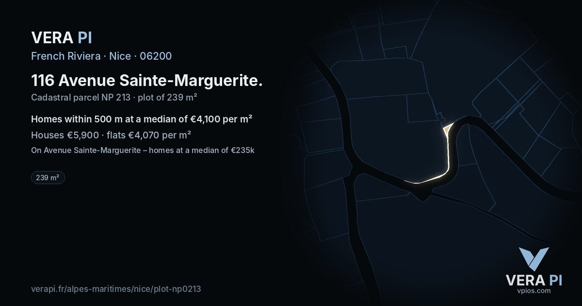 116 Avenue Sainte-Marguerite, Nice at night – the plot lit, the parcels around coloured by the prices near them