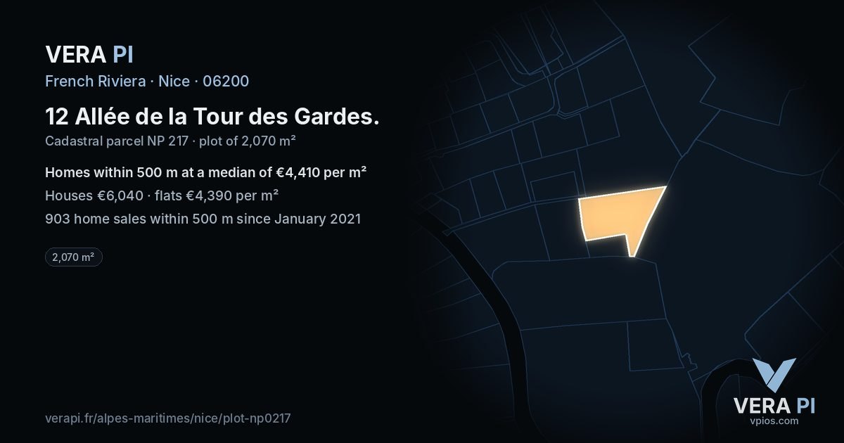 12 Allée de la Tour des Gardes, Nice at night – the plot lit, the parcels around coloured by the prices near them