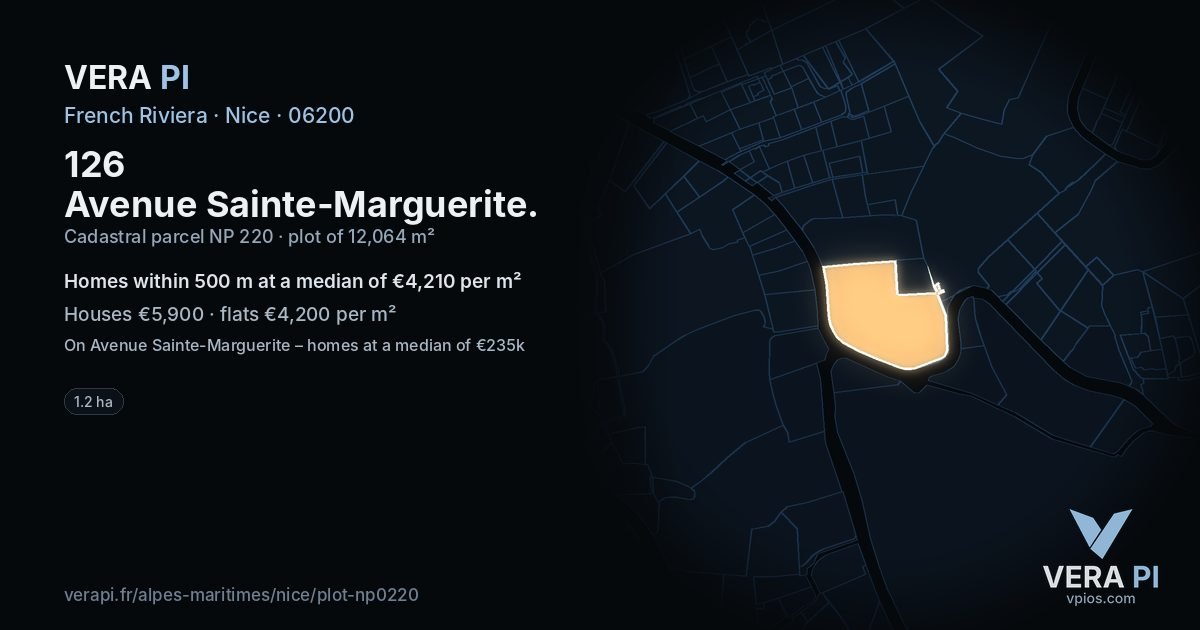126 Avenue Sainte-Marguerite, Nice at night – the plot lit, the parcels around coloured by the prices near them