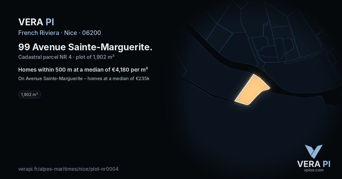 99 Avenue Sainte-Marguerite, Nice at night – the plot lit, the parcels around coloured by the prices near them