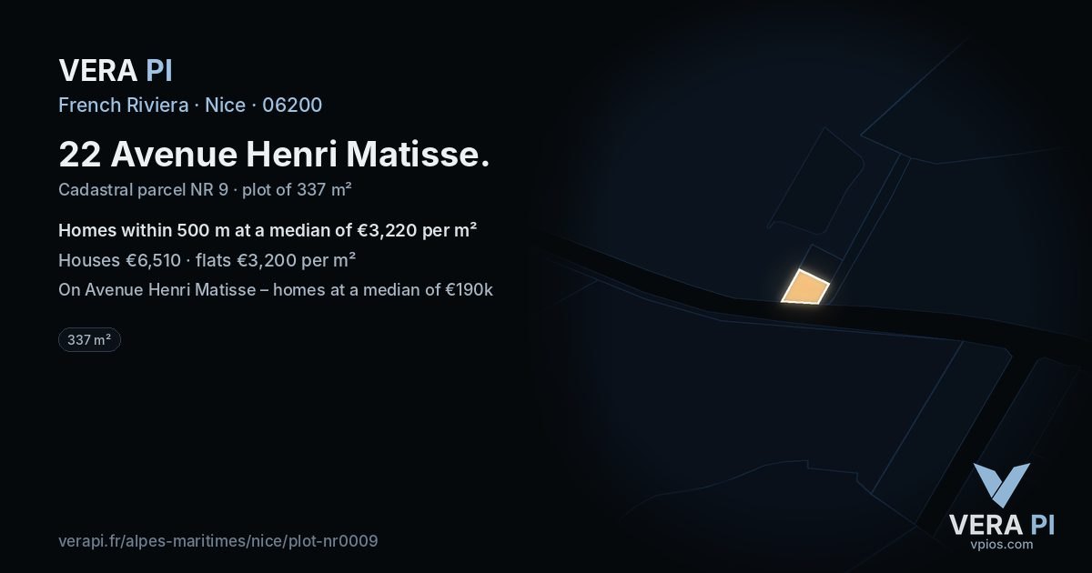 22 Avenue Henri Matisse, Nice at night – the plot lit, the parcels around coloured by the prices near them