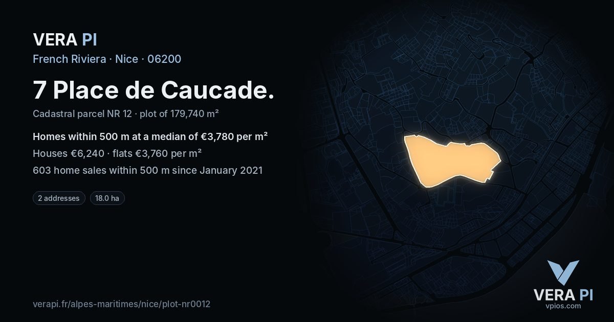 7 Place de Caucade, Nice at night – the plot lit, the parcels around coloured by the prices near them