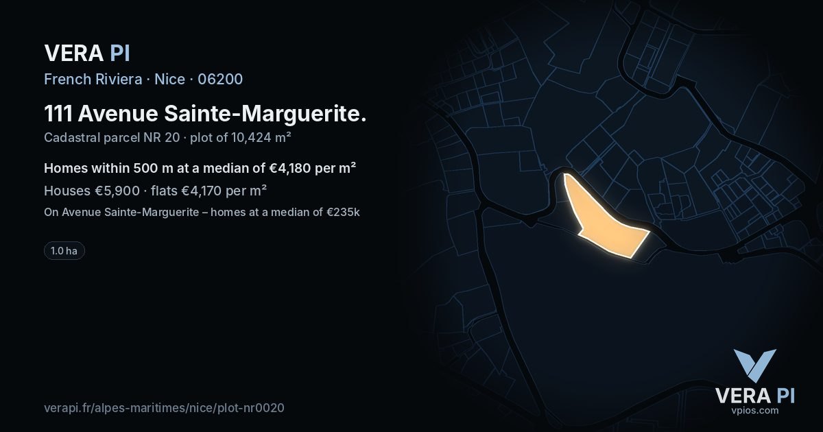 111 Avenue Sainte-Marguerite, Nice at night – the plot lit, the parcels around coloured by the prices near them