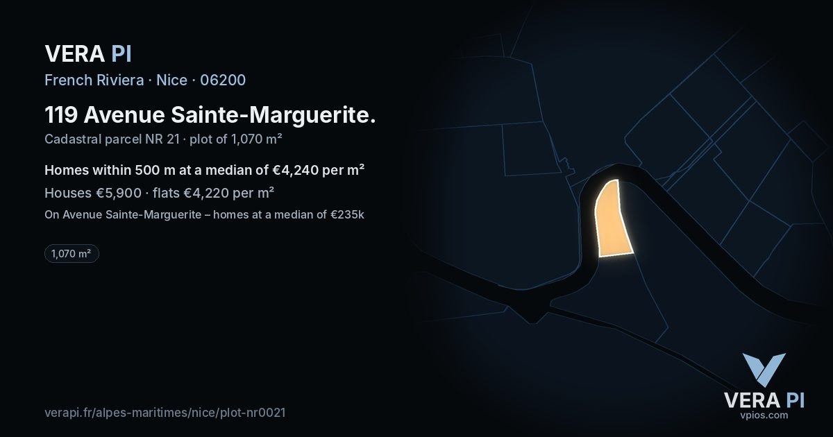 119 Avenue Sainte-Marguerite, Nice at night – the plot lit, the parcels around coloured by the prices near them