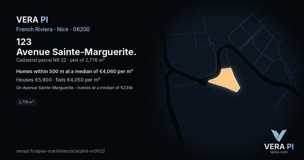 123 Avenue Sainte-Marguerite, Nice at night – the plot lit, the parcels around coloured by the prices near them