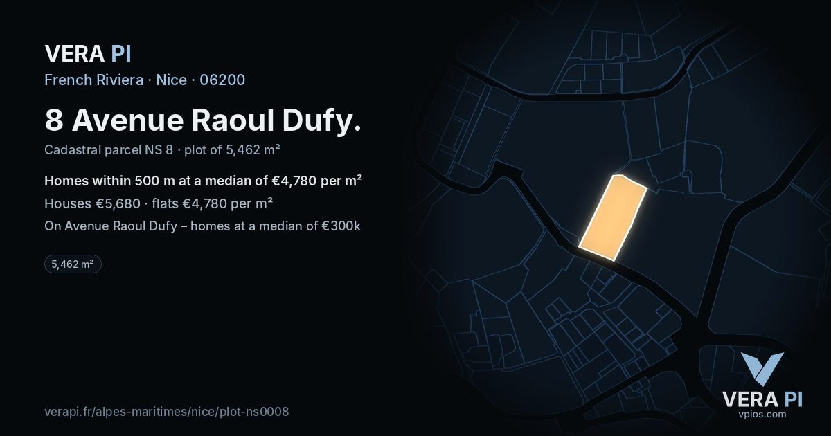 8 Avenue Raoul Dufy, Nice at night – the plot lit, the parcels around coloured by the prices near them