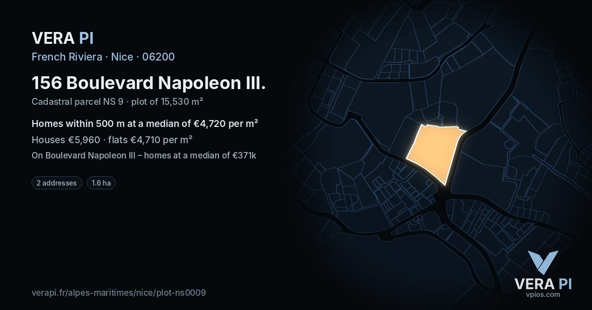 156 Boulevard Napoleon III, Nice at night – the plot lit, the parcels around coloured by the prices near them