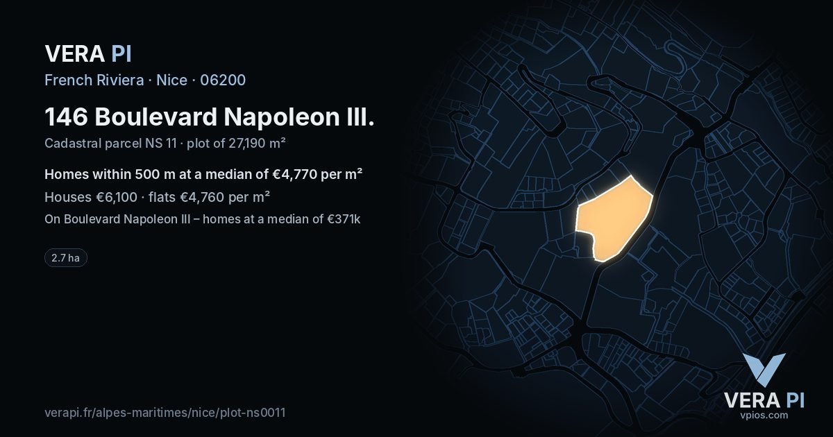 146 Boulevard Napoleon III, Nice at night – the plot lit, the parcels around coloured by the prices near them