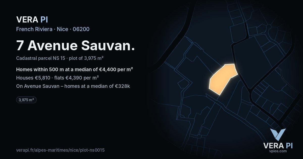 7 Avenue Sauvan, Nice at night – the plot lit, the parcels around coloured by the prices near them
