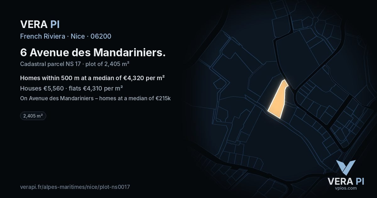 6 Avenue des Mandariniers, Nice at night – the plot lit, the parcels around coloured by the prices near them