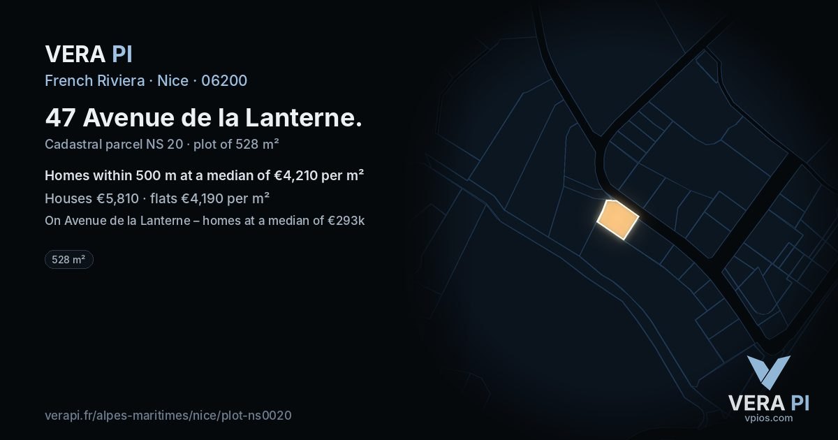 47 Avenue de la Lanterne, Nice at night – the plot lit, the parcels around coloured by the prices near them
