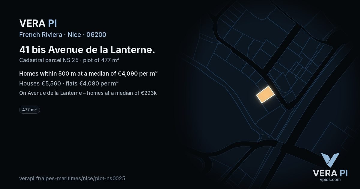 41 bis Avenue de la Lanterne, Nice at night – the plot lit, the parcels around coloured by the prices near them