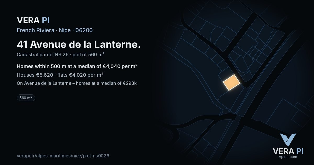 41 Avenue de la Lanterne, Nice at night – the plot lit, the parcels around coloured by the prices near them