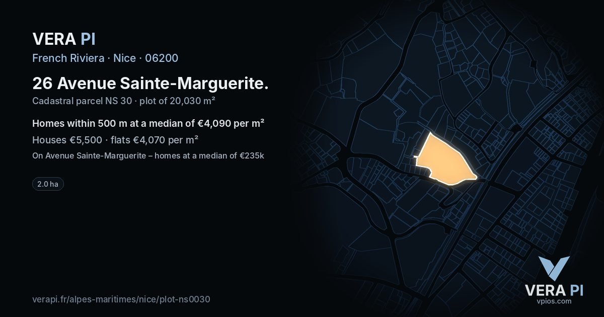 26 Avenue Sainte-Marguerite, Nice at night – the plot lit, the parcels around coloured by the prices near them