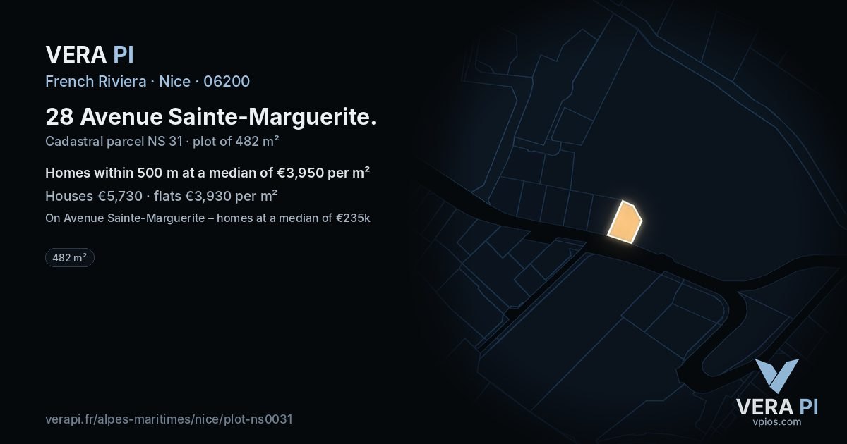 28 Avenue Sainte-Marguerite, Nice at night – the plot lit, the parcels around coloured by the prices near them
