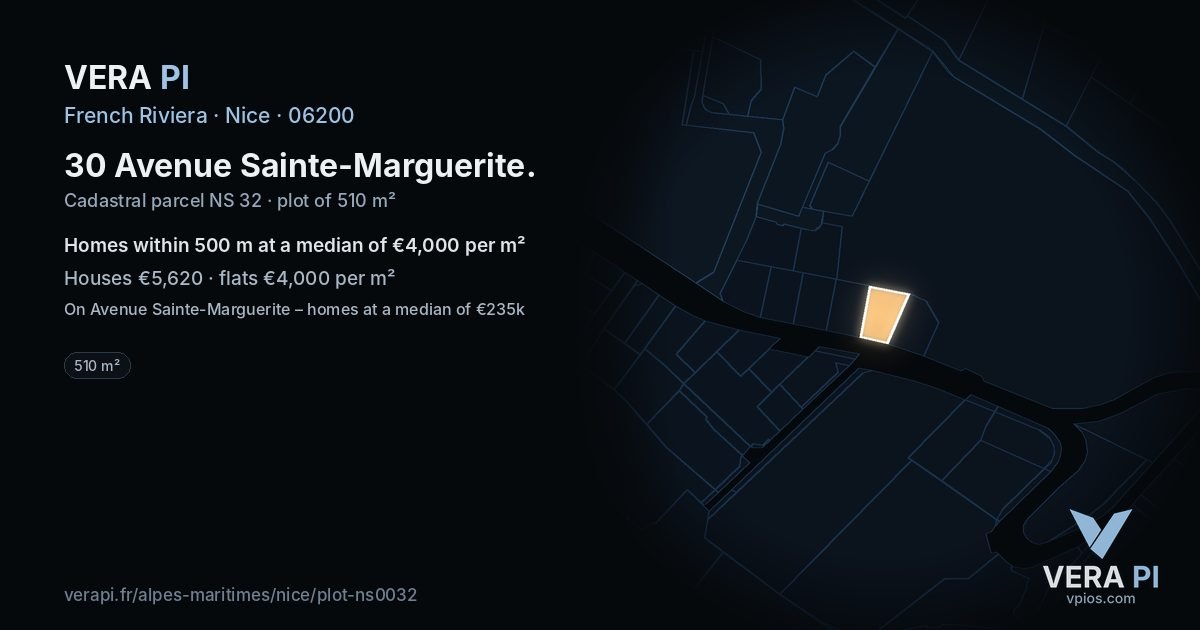 30 Avenue Sainte-Marguerite, Nice at night – the plot lit, the parcels around coloured by the prices near them