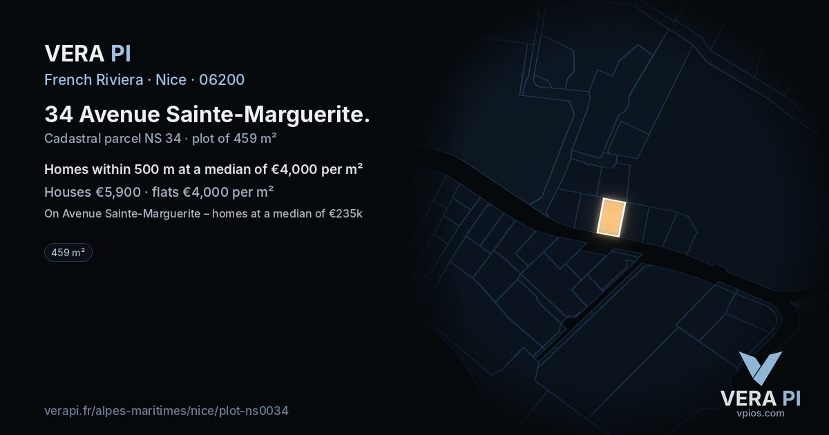 34 Avenue Sainte-Marguerite, Nice at night – the plot lit, the parcels around coloured by the prices near them