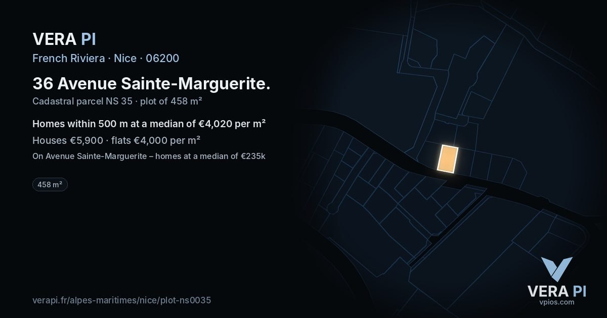 36 Avenue Sainte-Marguerite, Nice at night – the plot lit, the parcels around coloured by the prices near them