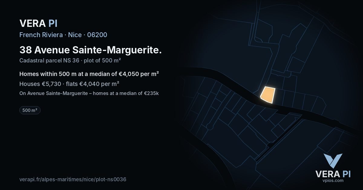 38 Avenue Sainte-Marguerite, Nice at night – the plot lit, the parcels around coloured by the prices near them