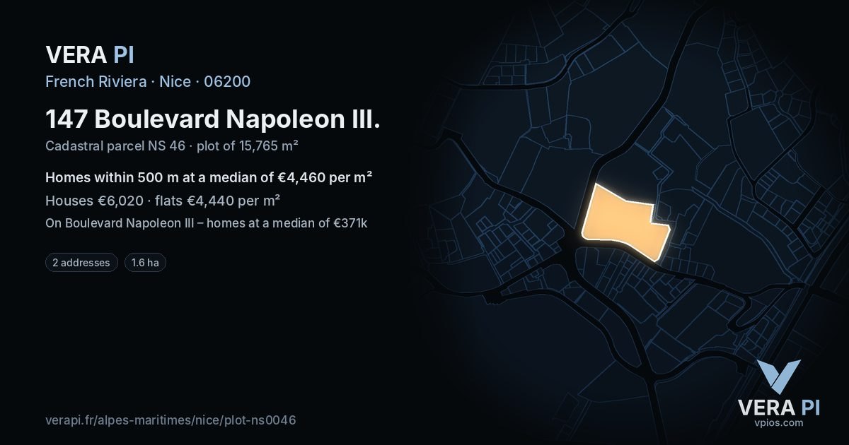 147 Boulevard Napoleon III, Nice at night – the plot lit, the parcels around coloured by the prices near them