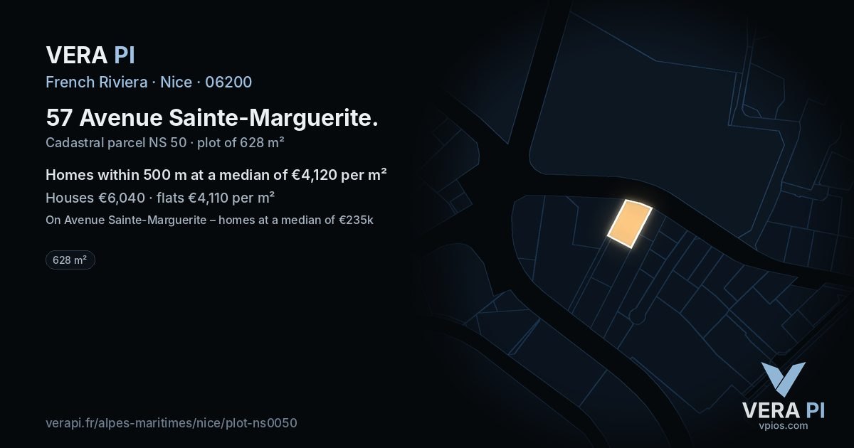 57 Avenue Sainte-Marguerite, Nice at night – the plot lit, the parcels around coloured by the prices near them