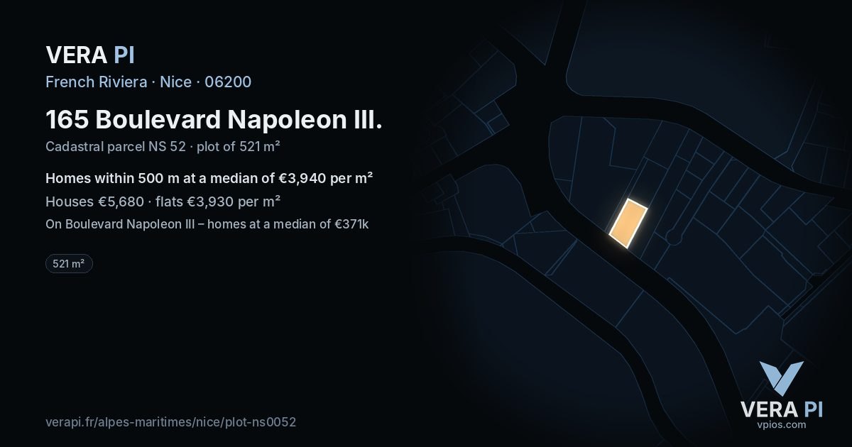 165 Boulevard Napoleon III, Nice at night – the plot lit, the parcels around coloured by the prices near them