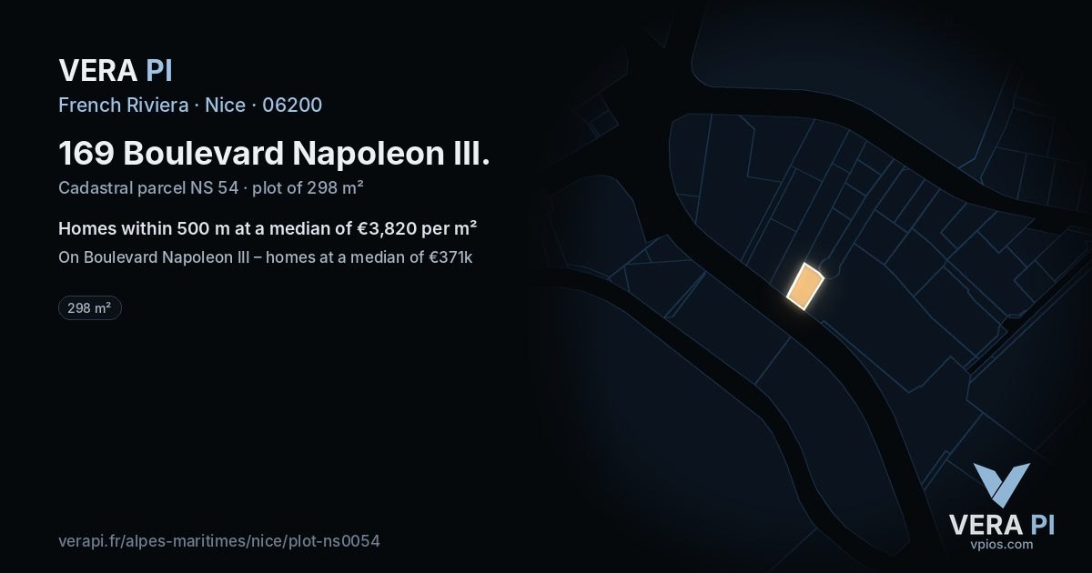 169 Boulevard Napoleon III, Nice at night – the plot lit, the parcels around coloured by the prices near them