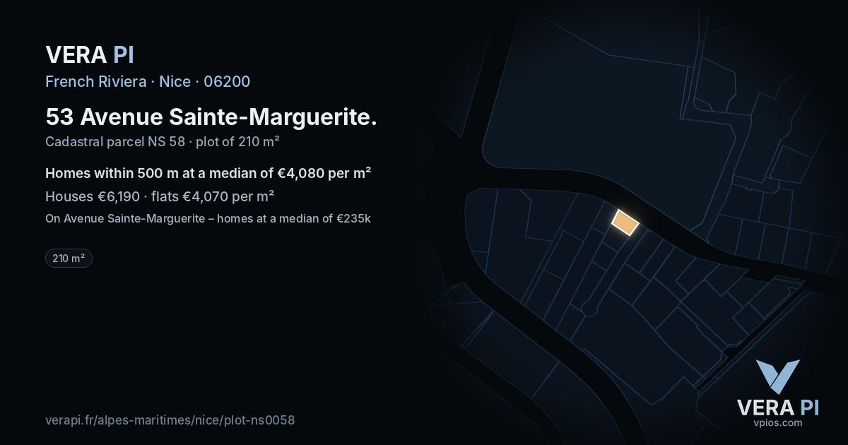 53 Avenue Sainte-Marguerite, Nice at night – the plot lit, the parcels around coloured by the prices near them