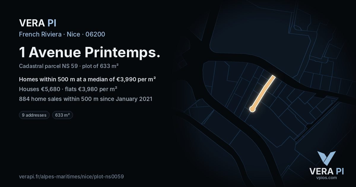 1 Avenue Printemps, Nice at night – the plot lit, the parcels around coloured by the prices near them