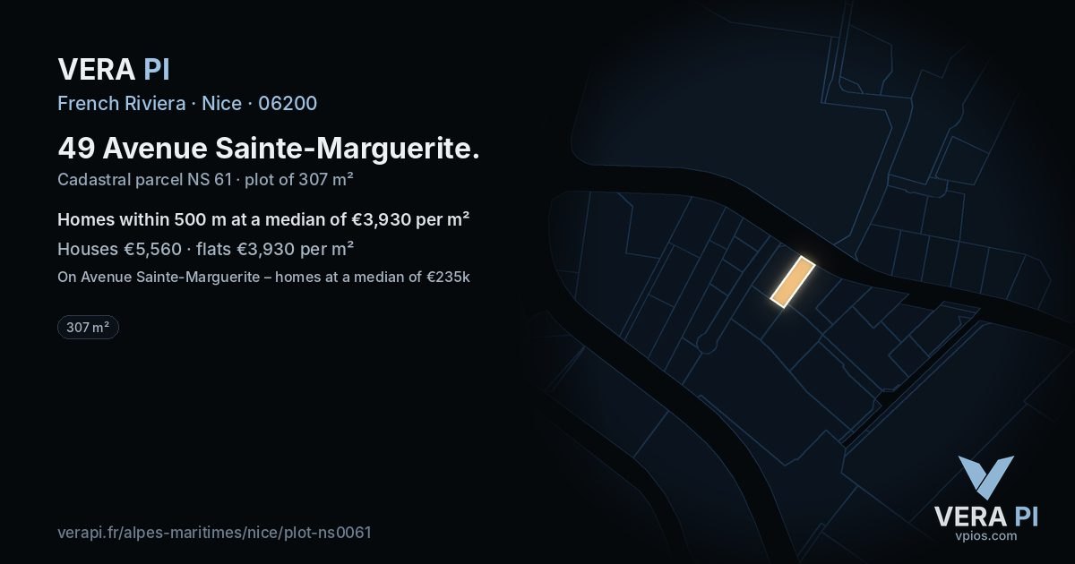 49 Avenue Sainte-Marguerite, Nice at night – the plot lit, the parcels around coloured by the prices near them